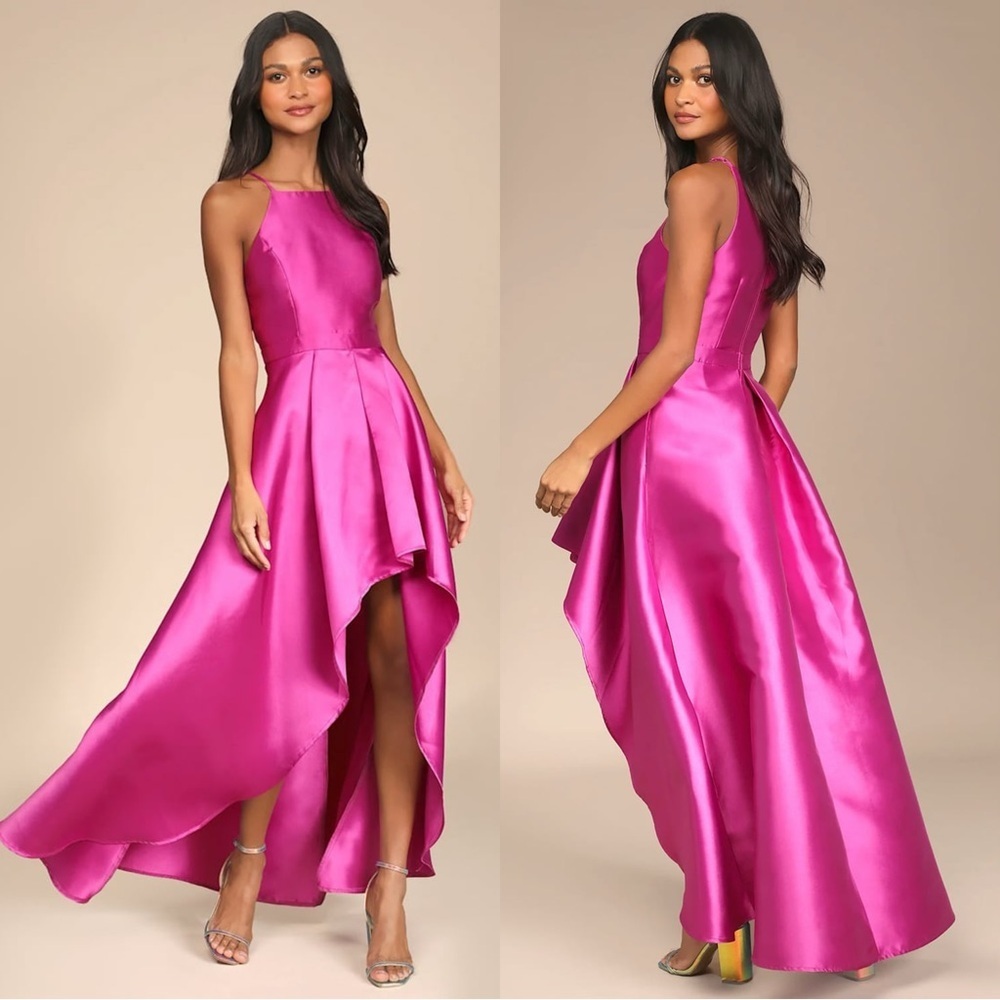Lulu's Fuchsia High-Low Satin Prom Dress